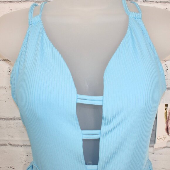 Jessica Simpson Sky Blue Double-Strap Plunge-Neck One-Piece Swimsuit Size Large - Picture 4 of 6